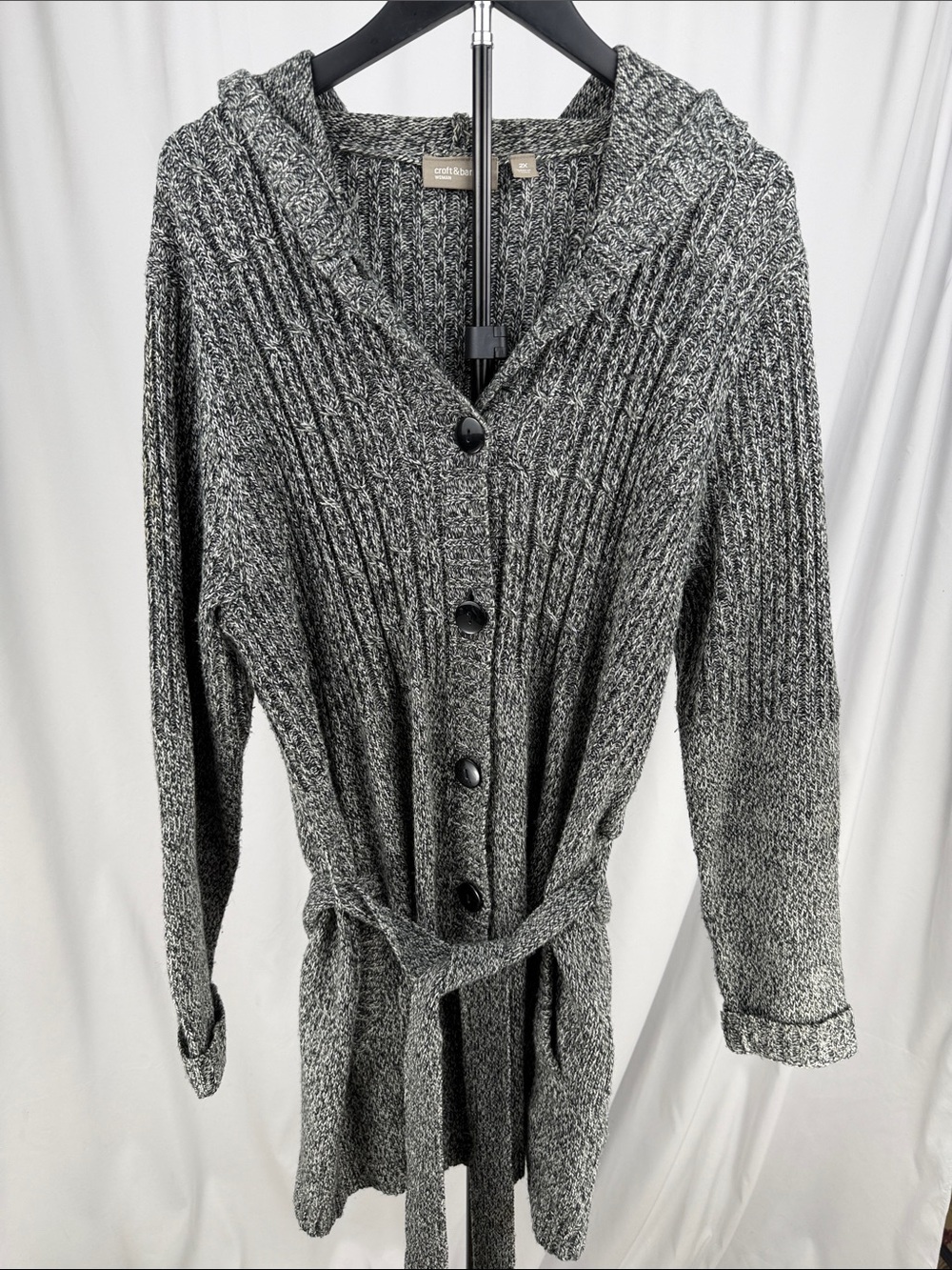 croft & barrow Gray Hooded Button-Front Knit Dress with Tie Belt